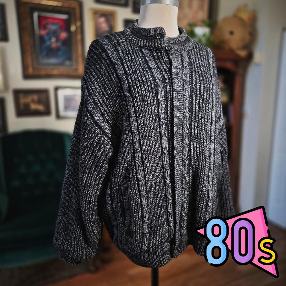St Michael Cardigan Sweater‎ Chunky Cable Knit Vintage 80s Grey Wool Blend Large